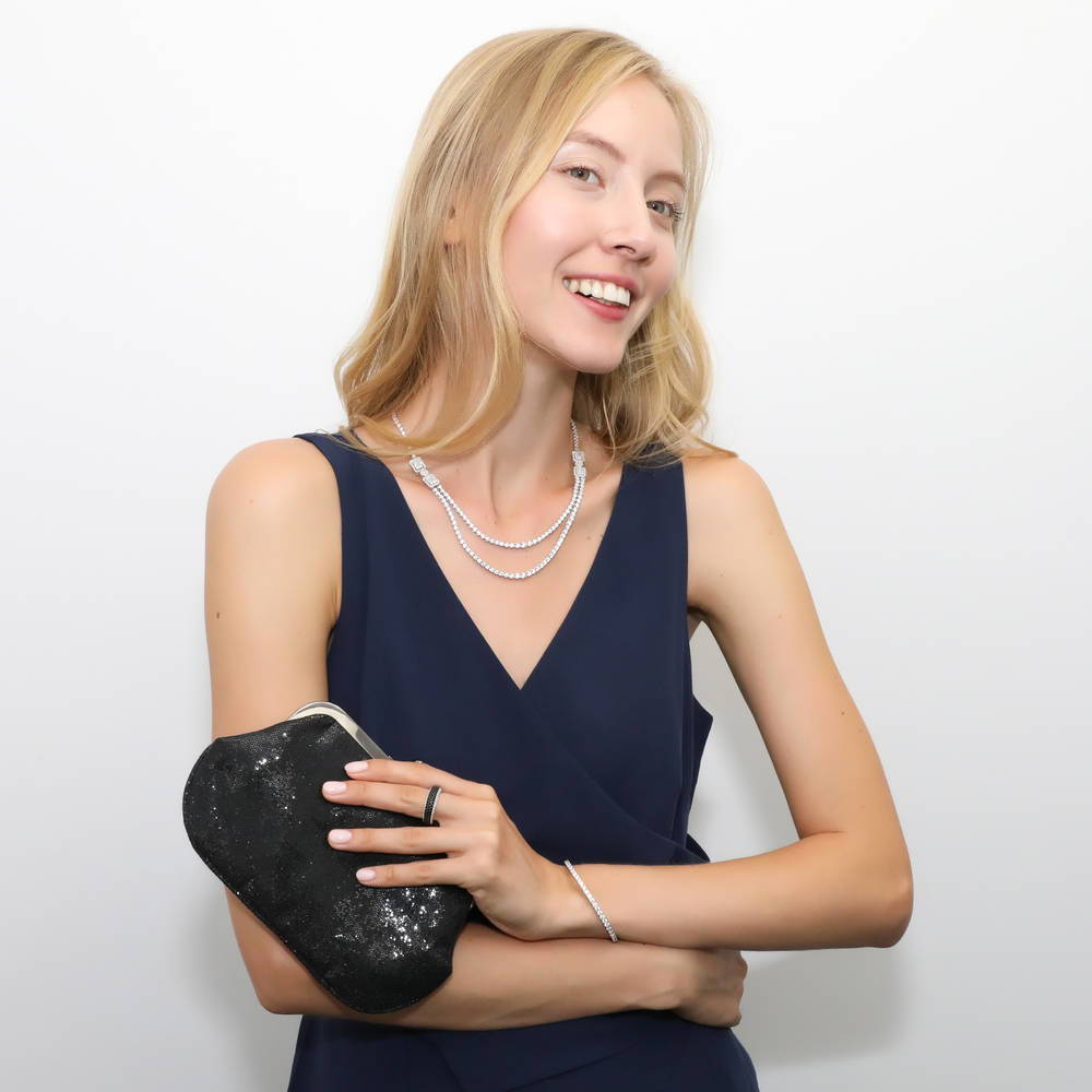 Model wearing Art Deco CZ Tennis Necklace in Sterling Silver, 5 of 9