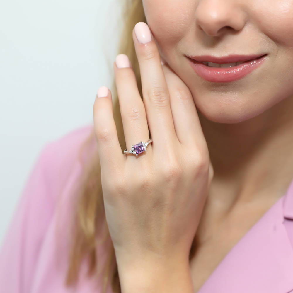 Model wearing Solitaire 1.2ct Purple Princess CZ Ring in Sterling Silver, 2 of 8