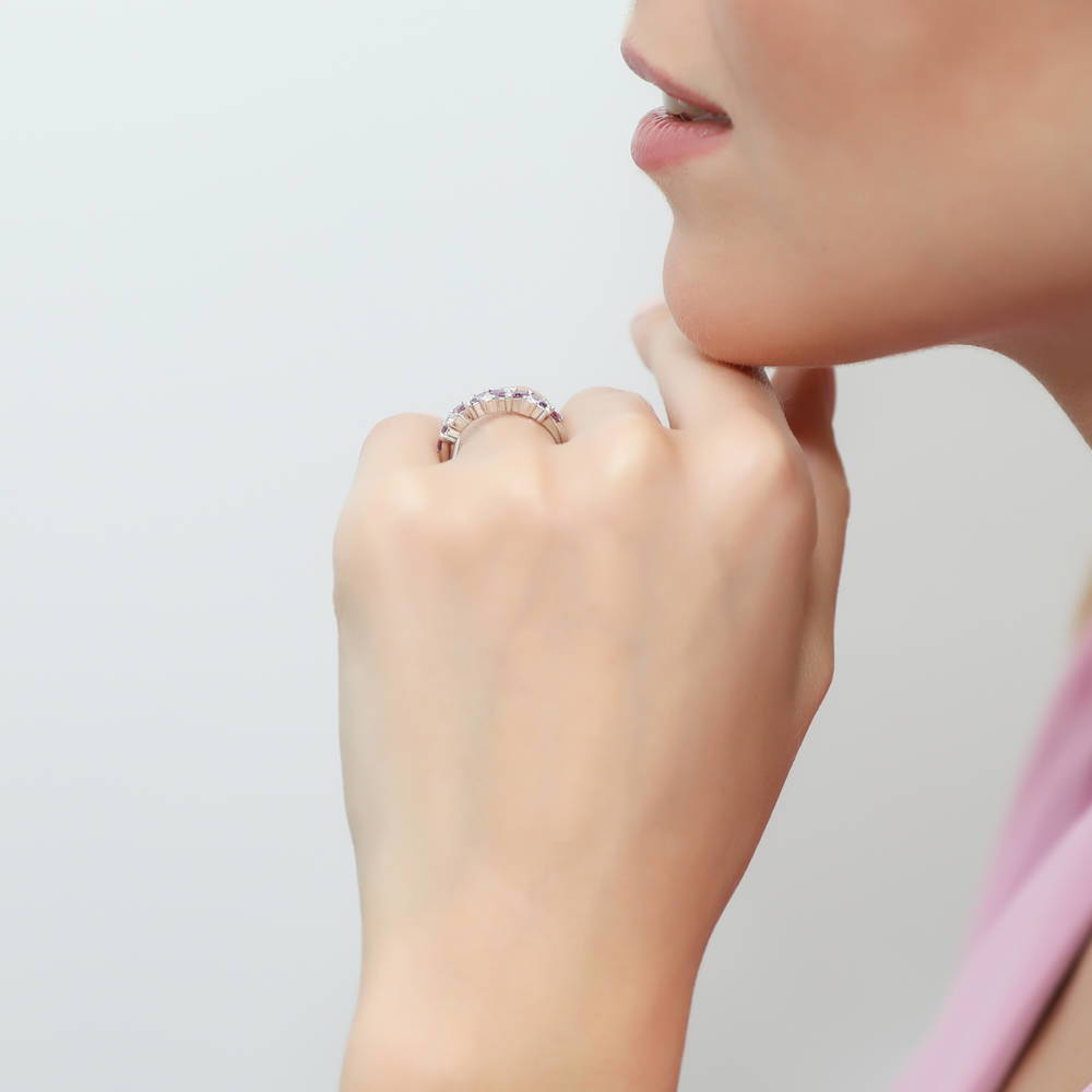 Model wearing Flower Cluster Purple CZ Band in Sterling Silver, 3 of 8