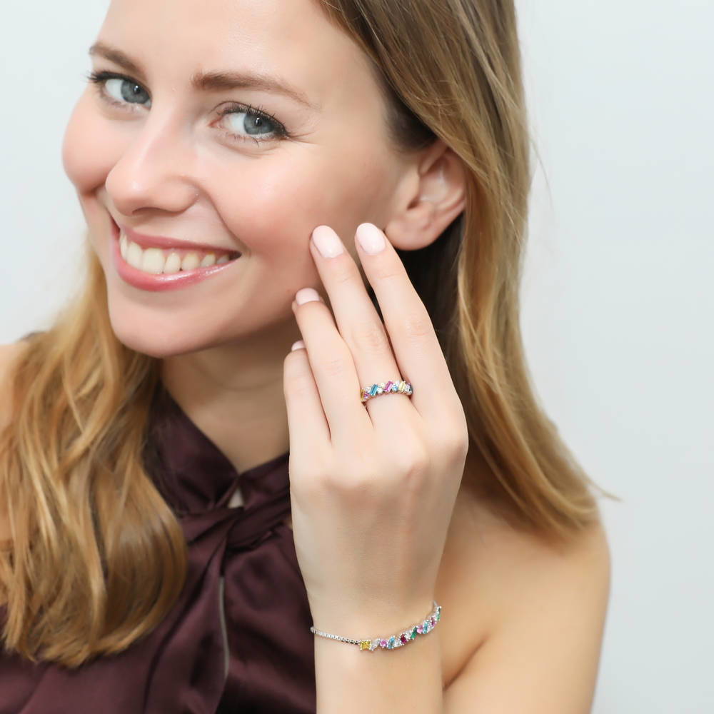 Model wearing Cluster CZ Stackable Band in Sterling Silver, 2 of 8
