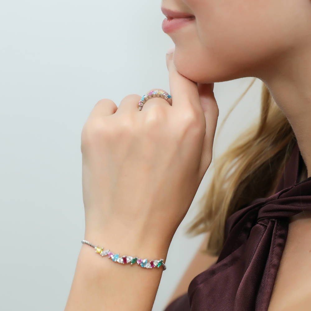 Model wearing Cluster Multi Color CZ Stackable Band in Sterling Silver, 3 of 8