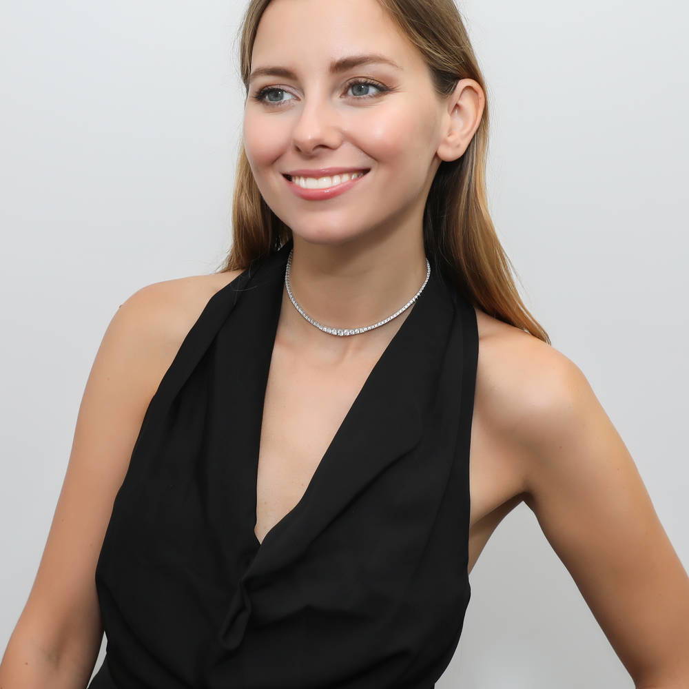 Model wearing Graduated Baguette CZ Tennis Necklace in Sterling Silver, 2 Piece, 3 of 19
