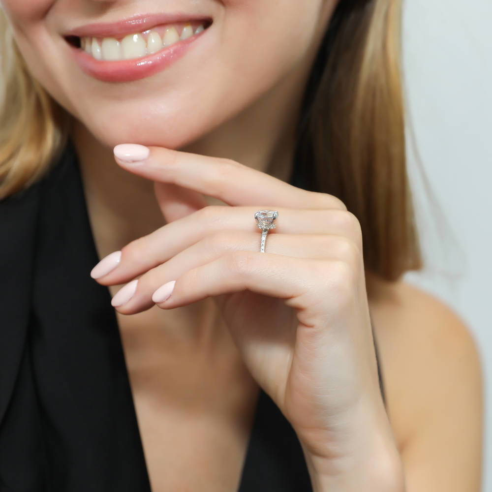 Model wearing Solitaire Hidden Halo 2.7ct Round CZ Ring in Sterling Silver, 6 of 8