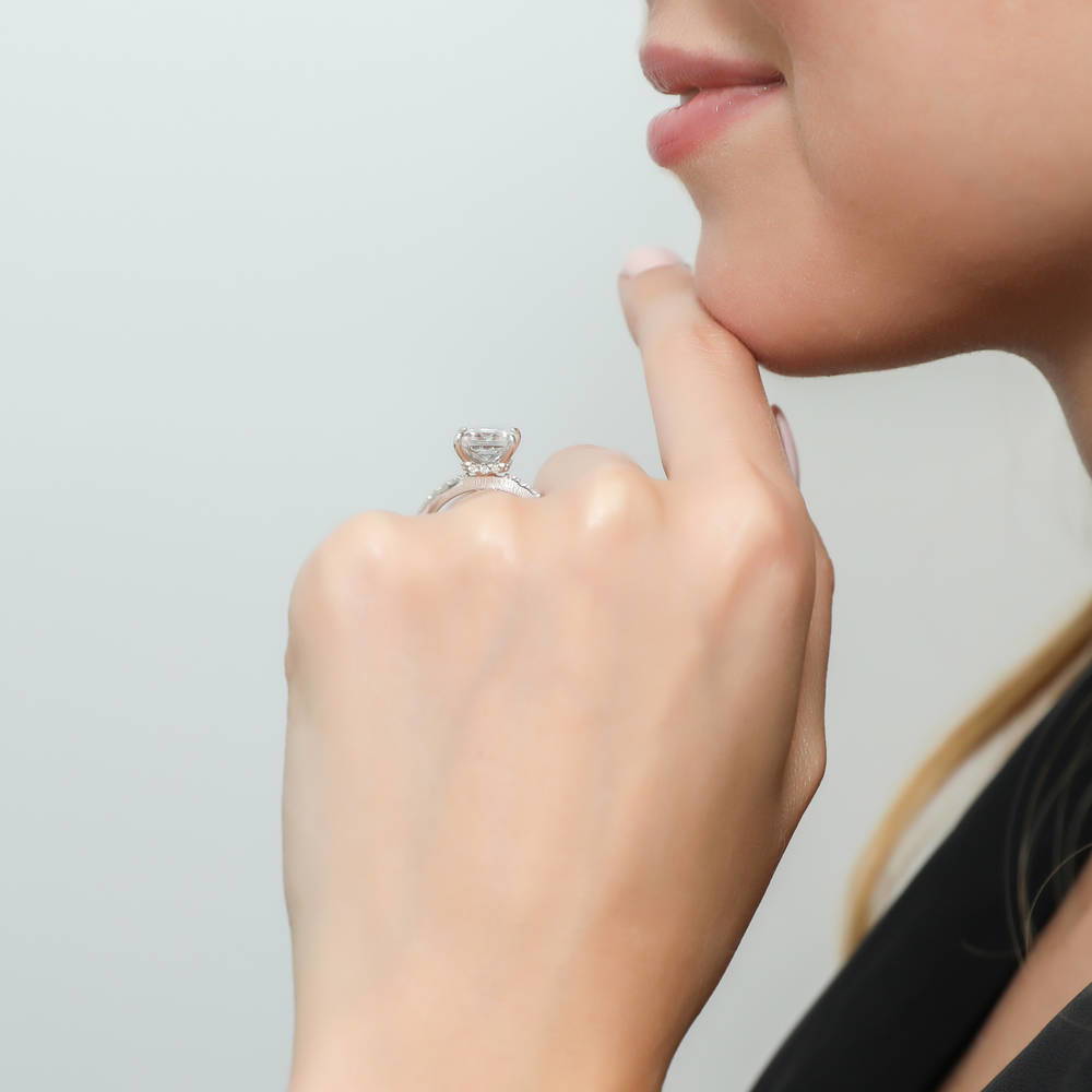 Model wearing Solitaire Hidden Halo 3ct Princess CZ Ring in Sterling Silver, 5 of 8