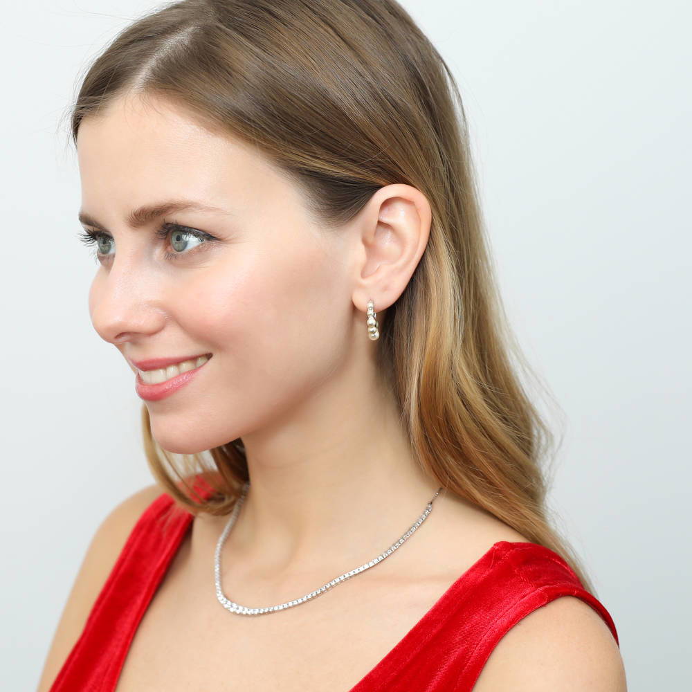 Bead Imitation Pearl Medium Huggie Earrings in Sterling Silver 0.74"