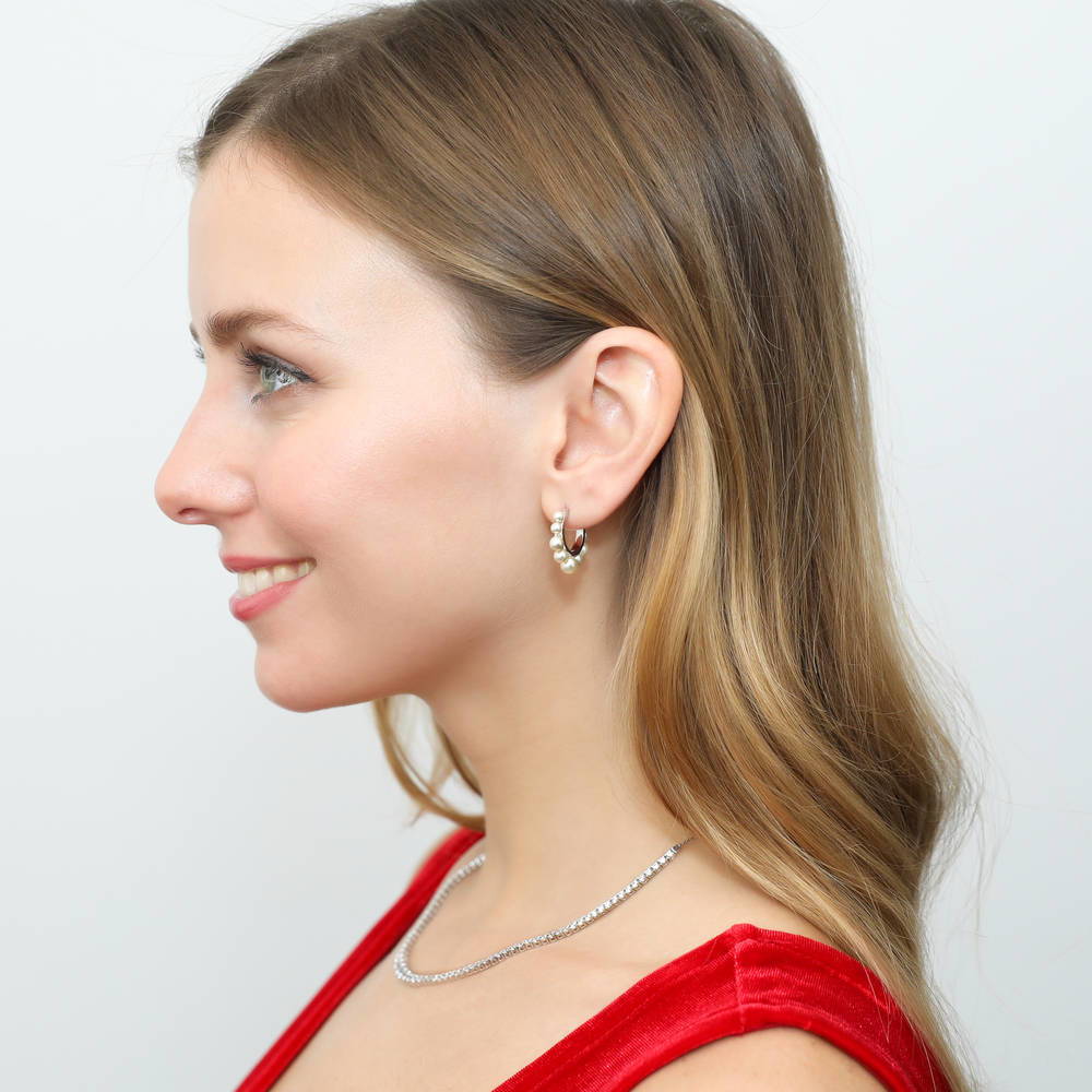 Bead Imitation Pearl Medium Huggie Earrings in Sterling Silver 0.74"