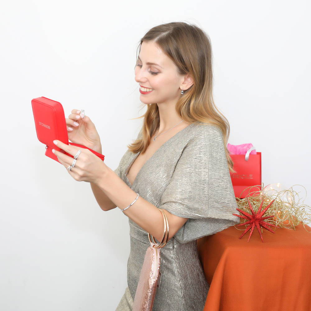 Model wearing Travel Jewelry Case Box Organizer, 2 of 11