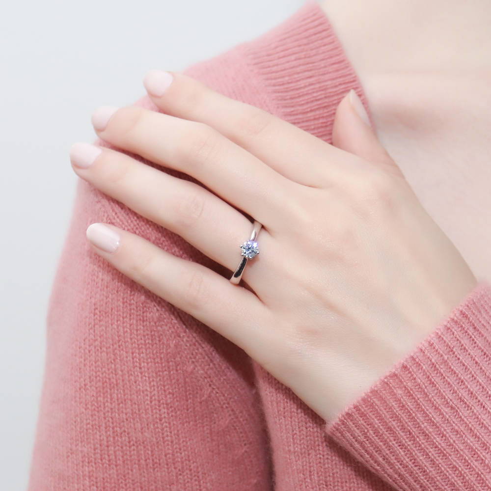 Model wearing Solitaire 0.45ct Round CZ Ring Set in Sterling Silver, 8 of 17