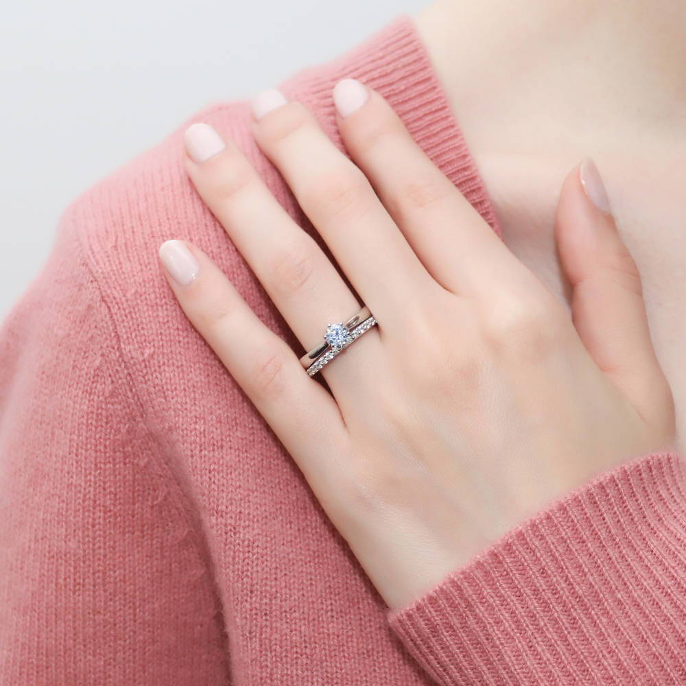 Model wearing Solitaire 0.45ct Round CZ Ring Set in Sterling Silver, 2 of 17