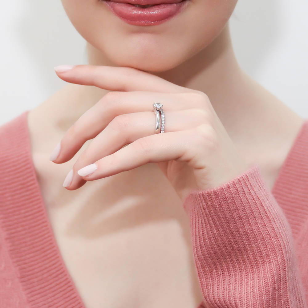 Model wearing Solitaire 0.45ct Round CZ Ring Set in Sterling Silver, 6 of 17