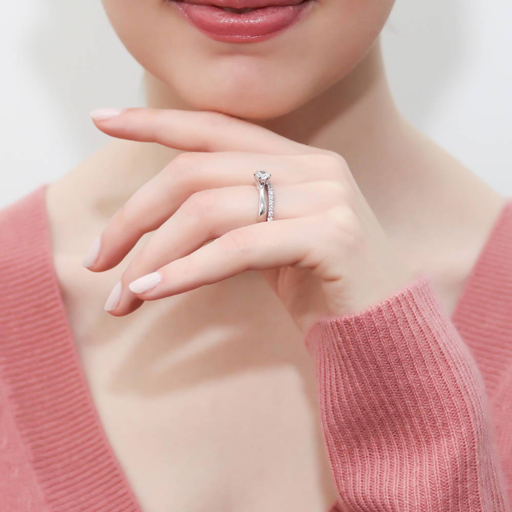 Model wearing Solitaire 0.45ct CZ Ring Set in Sterling Silver, 7 of 18