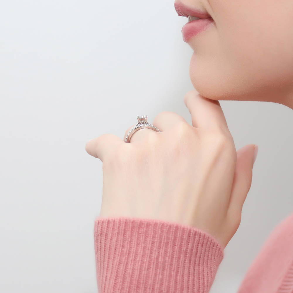 Model wearing Solitaire 0.45ct Round CZ Ring Set in Sterling Silver, 5 of 17