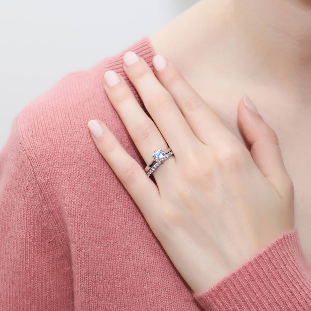 Model wearing Solitaire 1ct CZ Ring Set in Sterling Silver, 2 of 13
