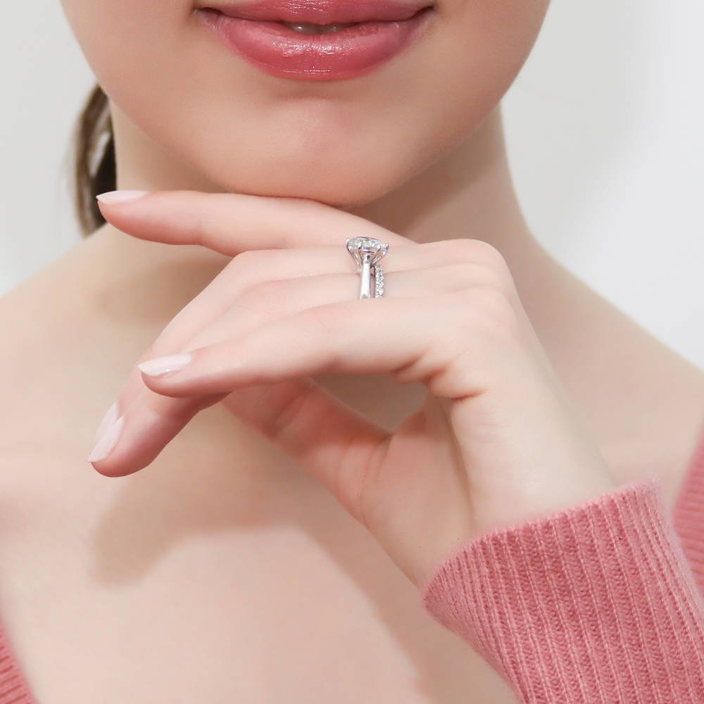 Model wearing Solitaire 2ct CZ Ring Set in Sterling Silver, 9 of 20