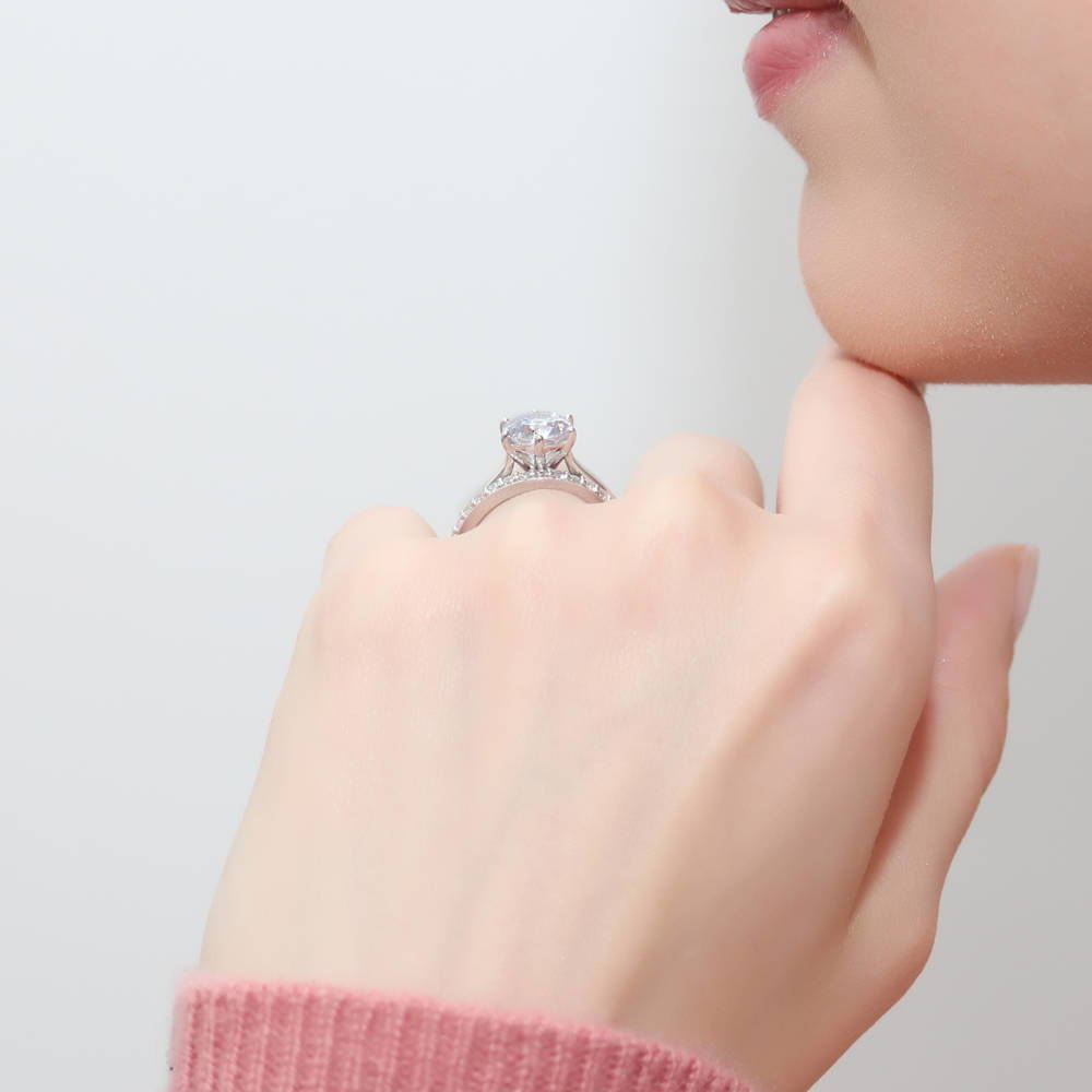 Model wearing Solitaire 2ct Round CZ Ring Set in Sterling Silver, 5 of 18
