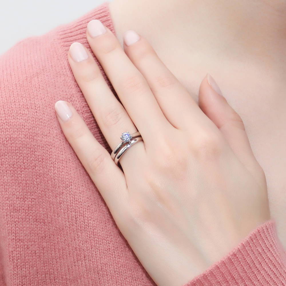 Model wearing Solitaire 0.45ct CZ Ring Set in Sterling Silver, 2 of 17