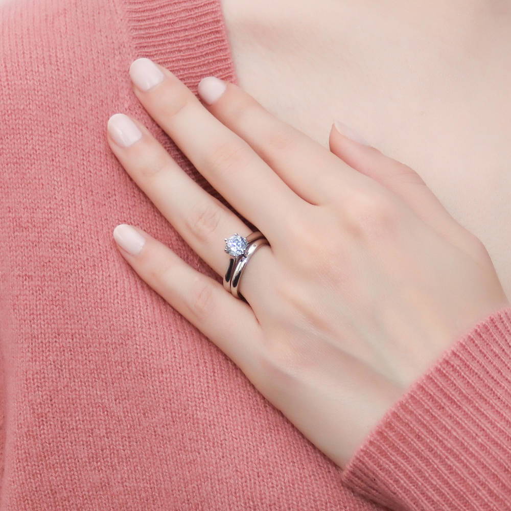 Model wearing Solitaire 1ct CZ Ring Set in Sterling Silver, 2 of 11