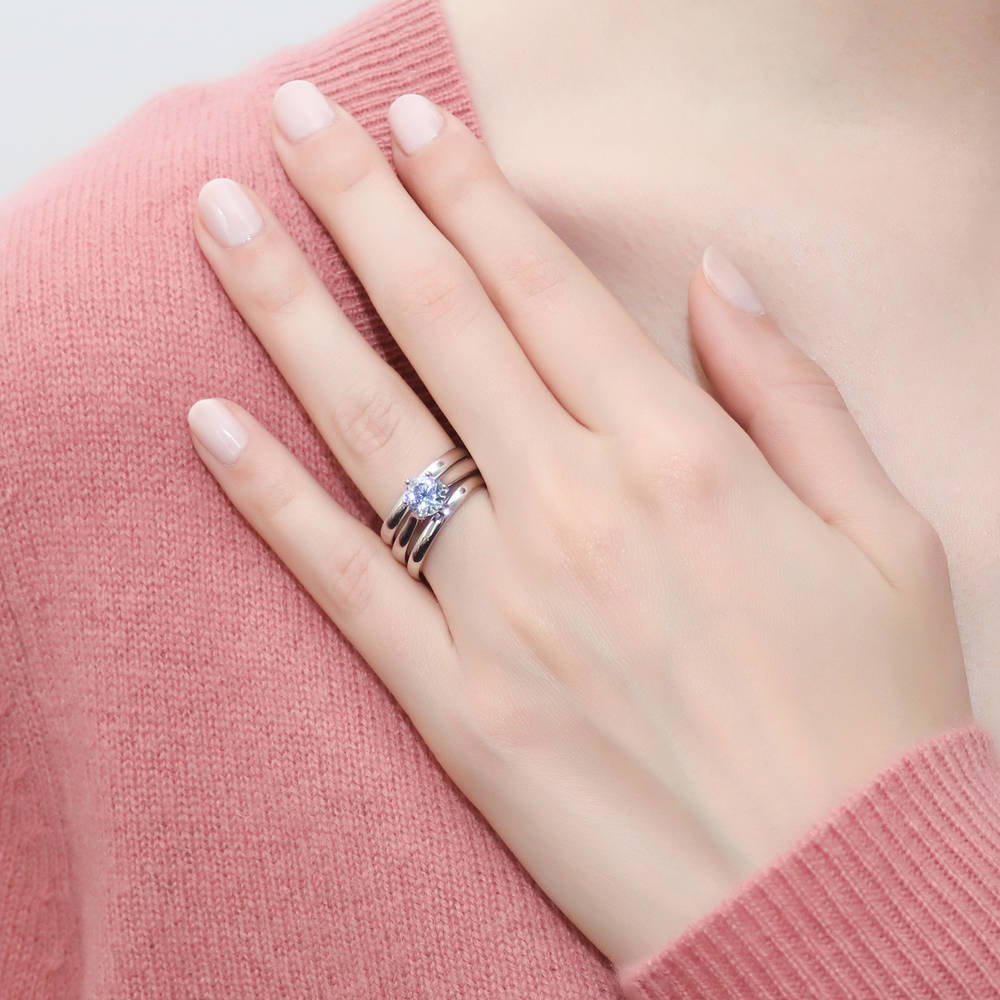 Model wearing Solitaire 1ct CZ Ring Set in Sterling Silver, 2 of 11