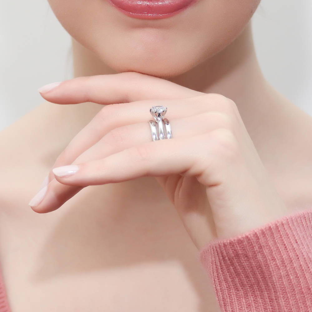 Model wearing Solitaire 1ct CZ Ring Set in Sterling Silver, 3 of 11