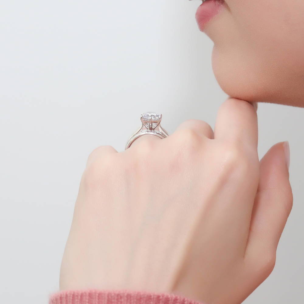 Model wearing Solitaire 2ct Round CZ Ring Set in Sterling Silver, 5 of 18