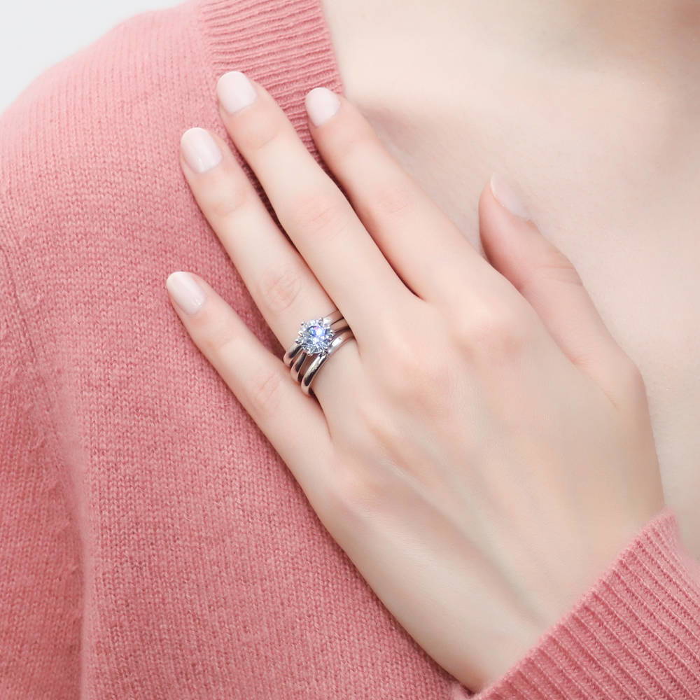 Model wearing Solitaire 2ct CZ Ring Set in Sterling Silver, 2 of 19