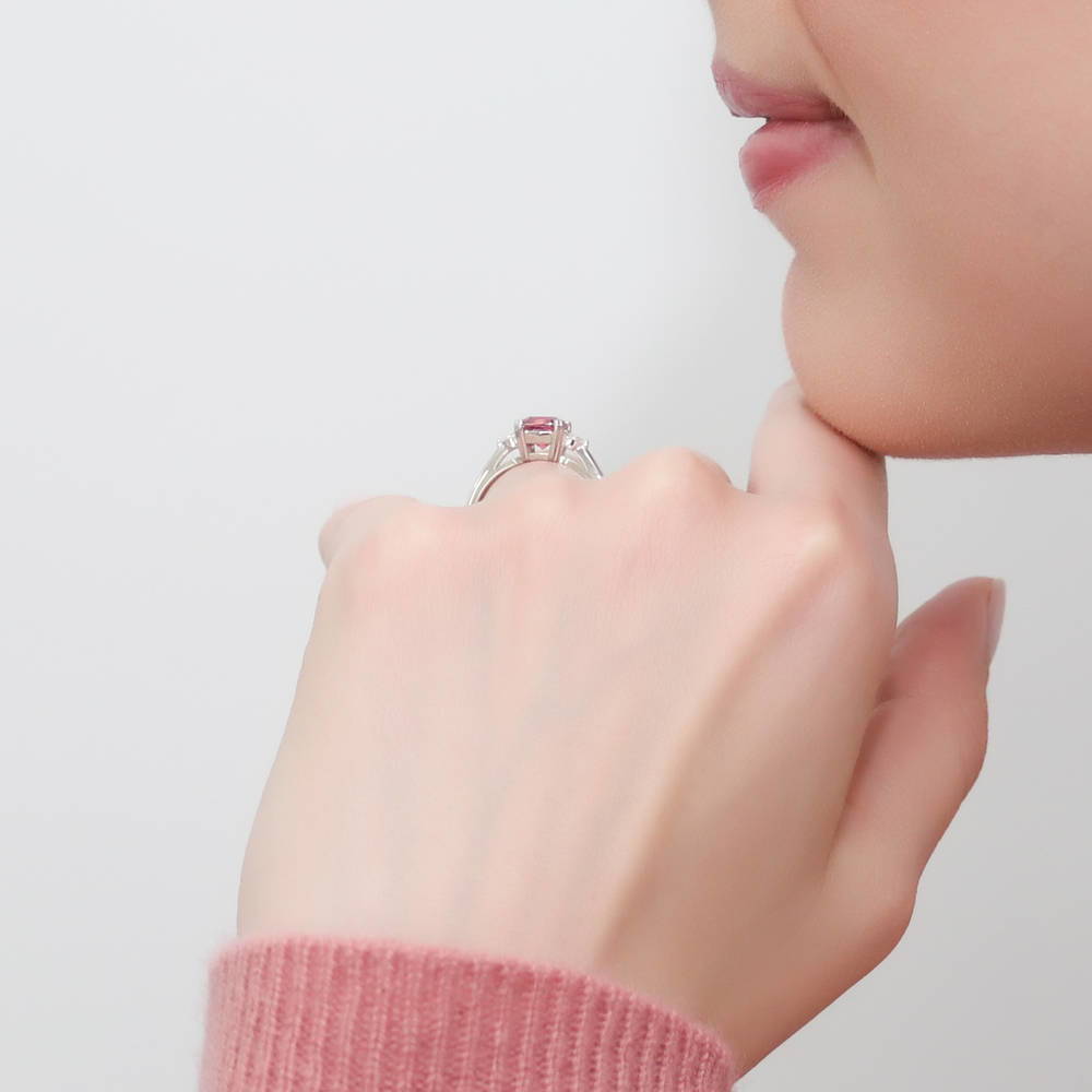 3-Stone 1.25ct Red Cushion CZ Ring in Sterling Silver
