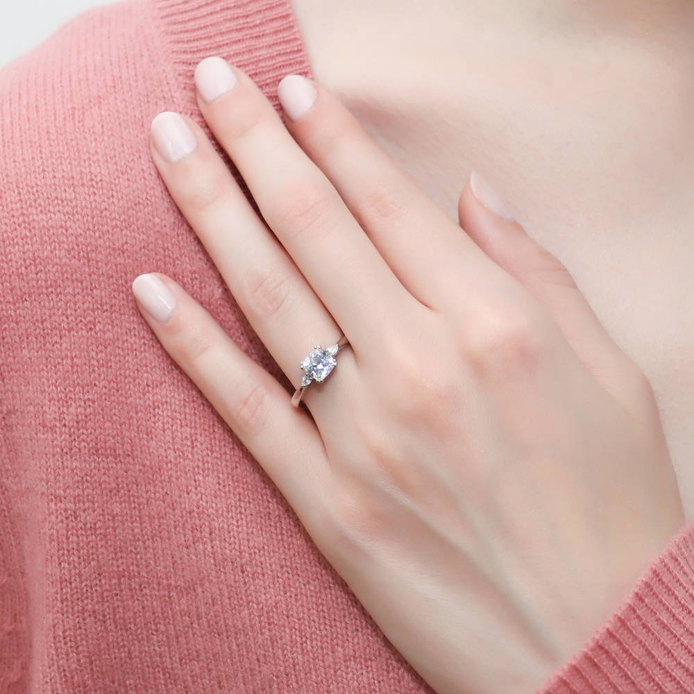 Model wearing 3-Stone 1.25ct Cushion CZ Ring in Sterling Silver, 3 of 11