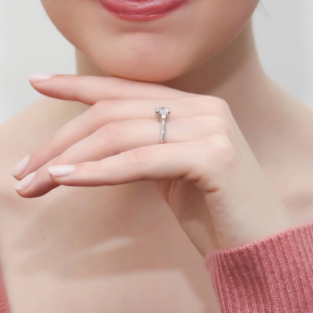Model wearing 3-Stone 1.25ct Cushion CZ Ring in Sterling Silver, 10 of 11