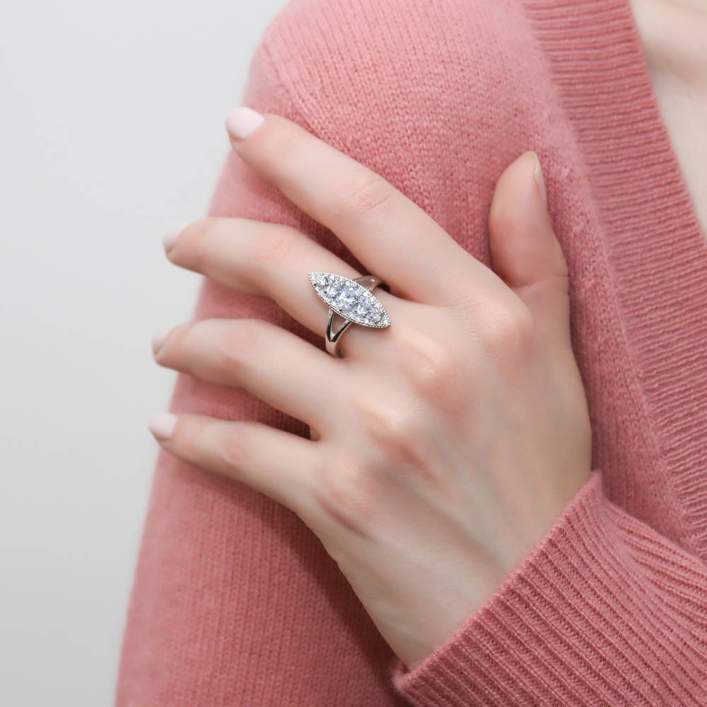 Model wearing 5-Stone Navette Art Deco CZ Split Shank Ring in Sterling Silver, 2 of 8