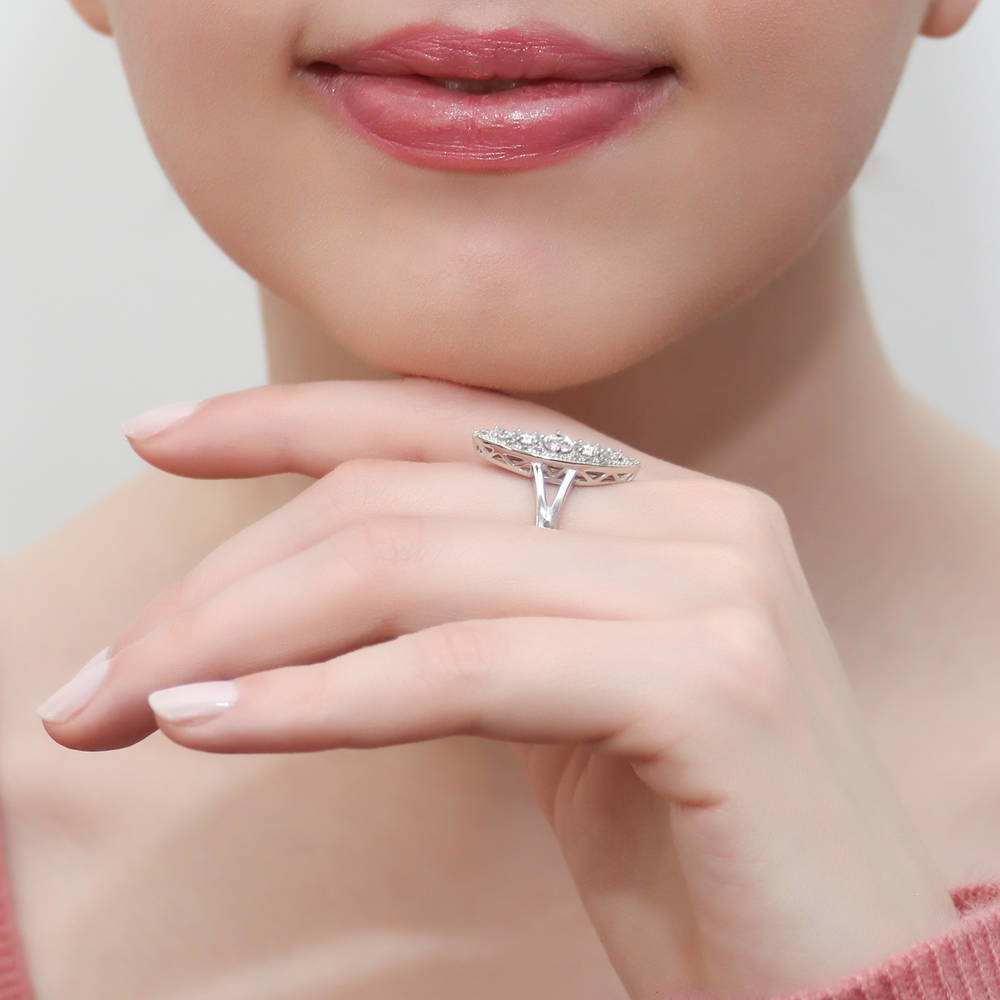 Model wearing 5-Stone Navette Art Deco CZ Split Shank Ring in Sterling Silver, 6 of 8