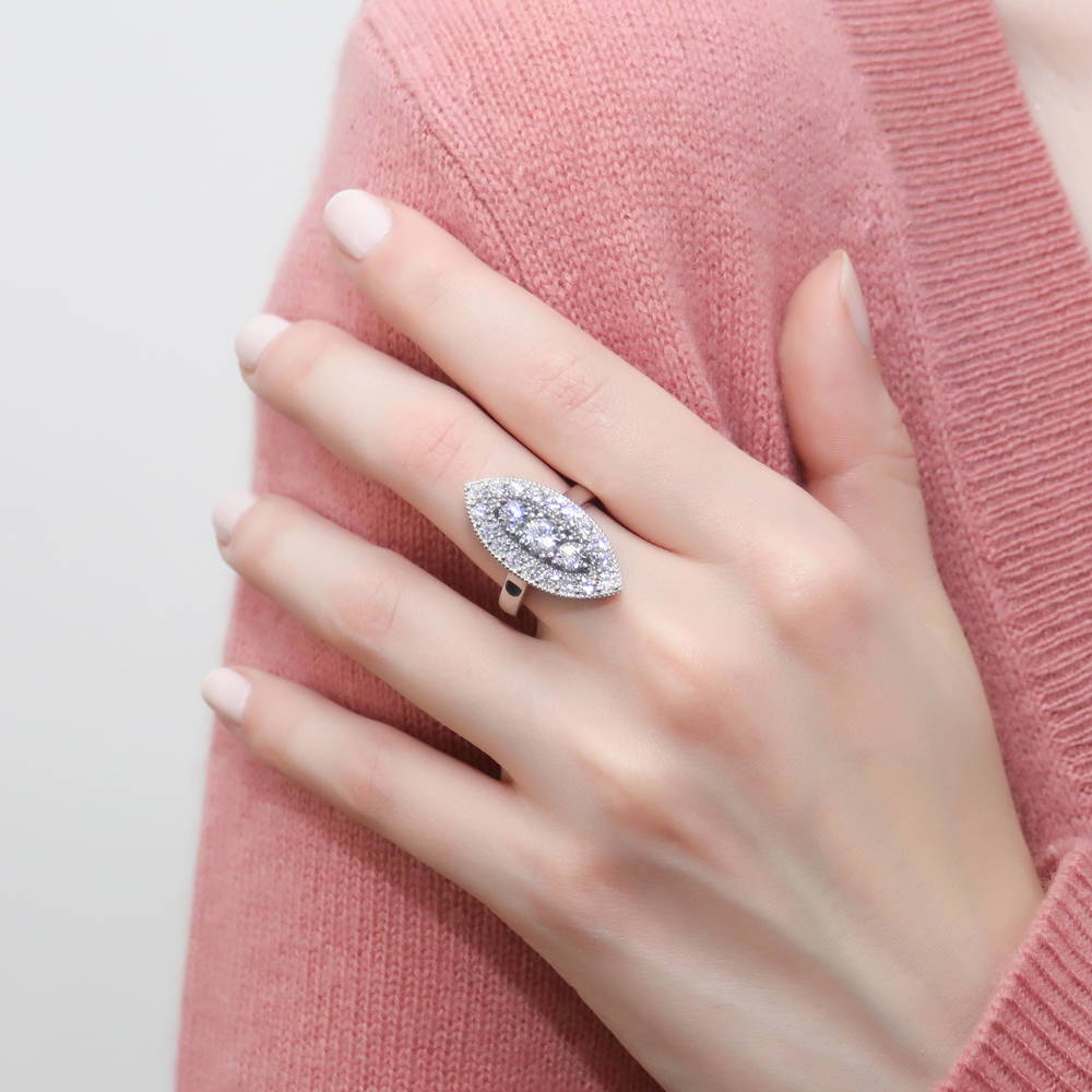 Model wearing 3-Stone Navette Milgrain Art Deco CZ Ring in Sterling Silver, 2 of 8