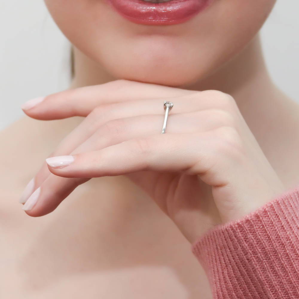 Model wearing Solitaire 0.35ct CZ Ring in Sterling Silver, 6 of 8