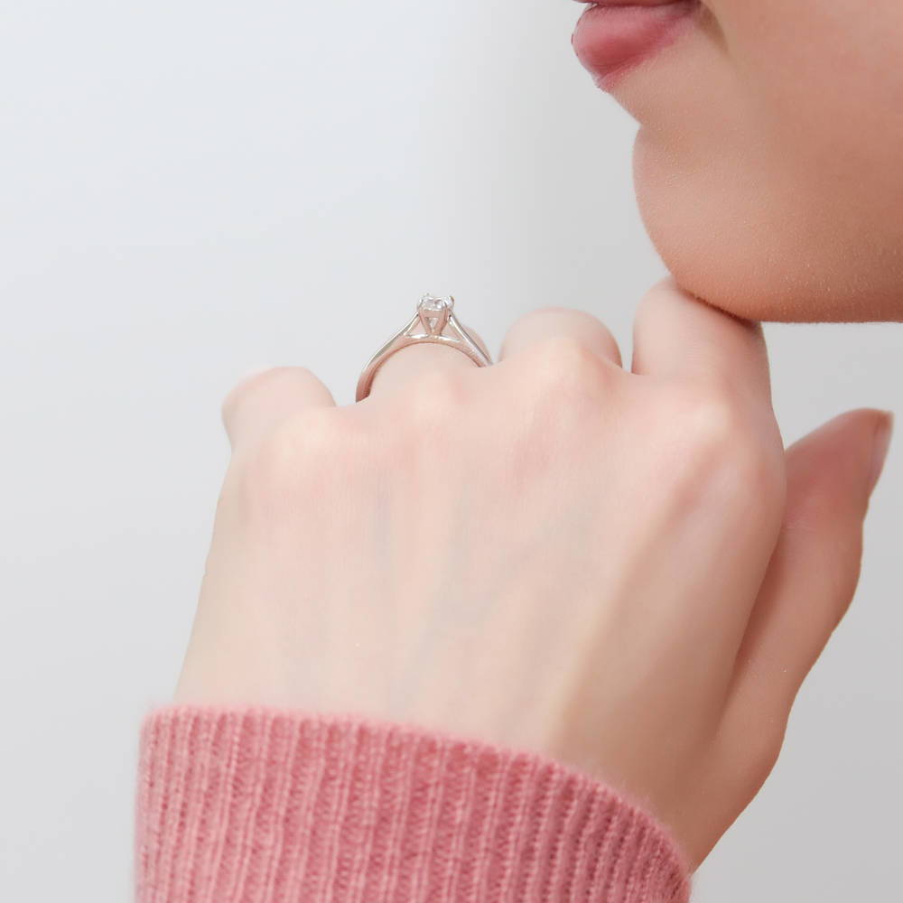 Model wearing Solitaire 0.35ct Round CZ Ring in Sterling Silver, 3 of 8