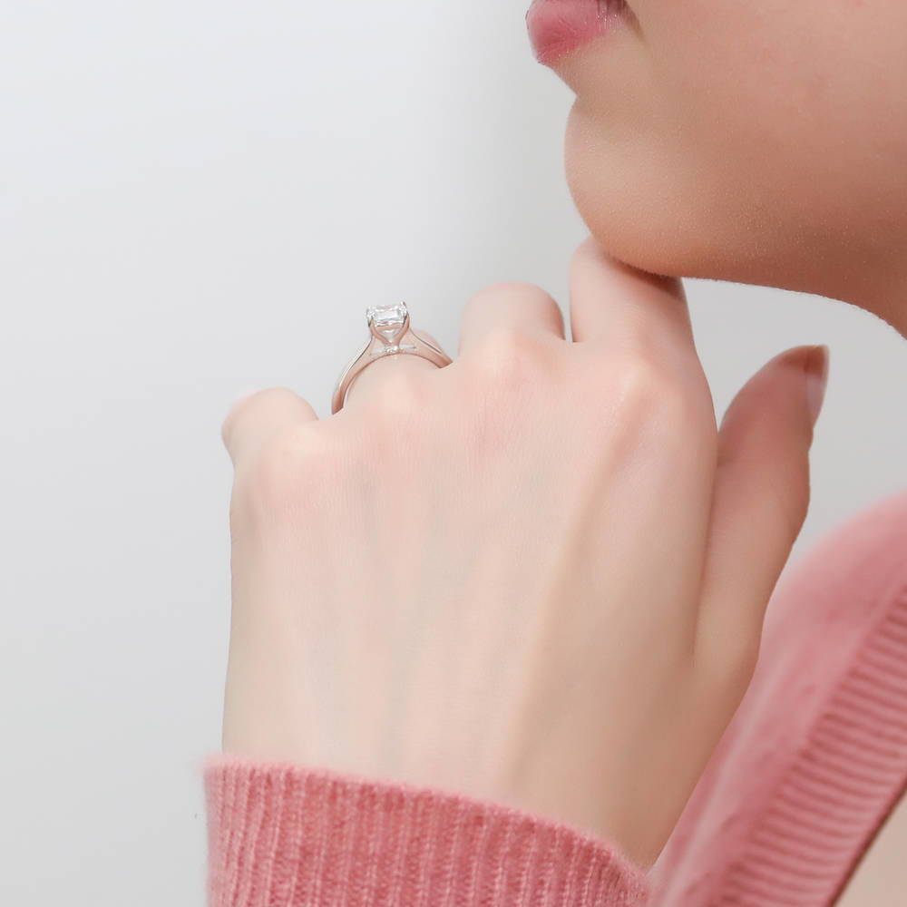 Model wearing Solitaire 1.25ct Cushion CZ Ring in Sterling Silver, 4 of 8