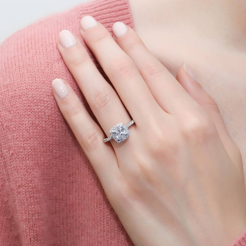 Model wearing Halo Cushion CZ Ring Set in Sterling Silver, 7 of 14