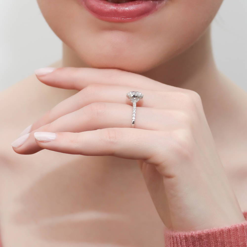 Model wearing Halo Cushion CZ Ring Set in Sterling Silver, 12 of 14