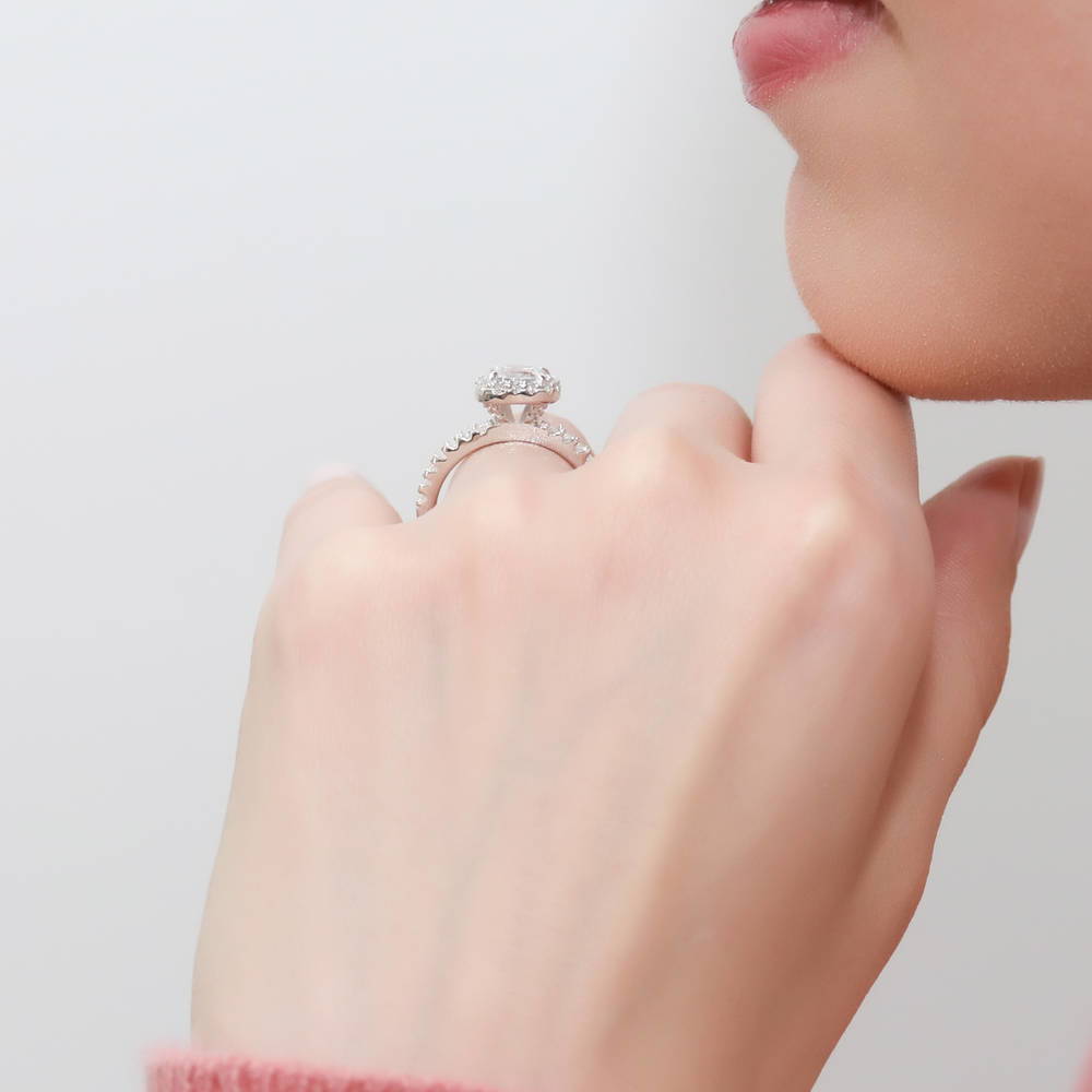 Model wearing Halo Cushion CZ Ring Set in Sterling Silver, 11 of 14