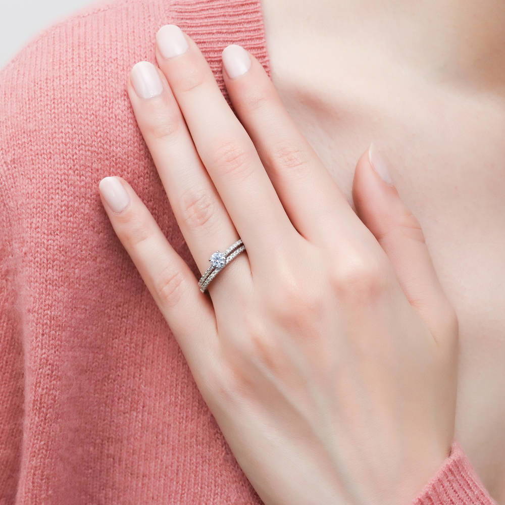 Model wearing Solitaire 0.35ct CZ Ring in Sterling Silver, 9 of 12