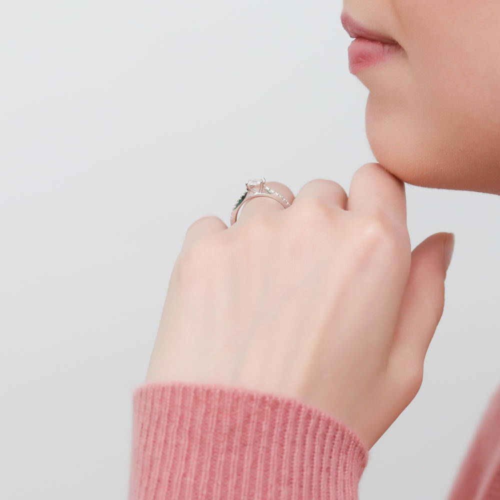 Model wearing Solitaire 0.4ct Oval CZ Ring in Sterling Silver, 3 of 9