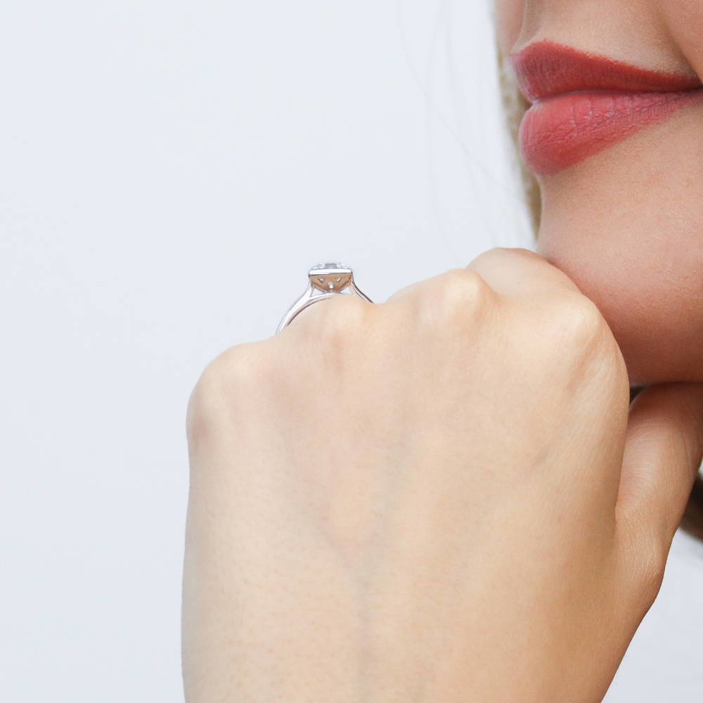 Model wearing Solitaire 1.2ct Bezel Princess CZ Ring in Sterling Silver, 3 of 8