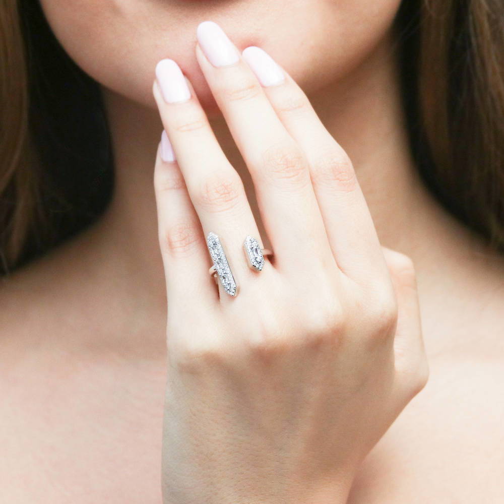 Model wearing Bar Open CZ Statement Ring in Sterling Silver