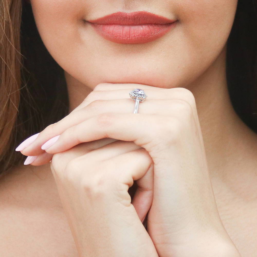 Model wearing Sunburst Halo CZ Ring in Sterling Silver, 6 of 8