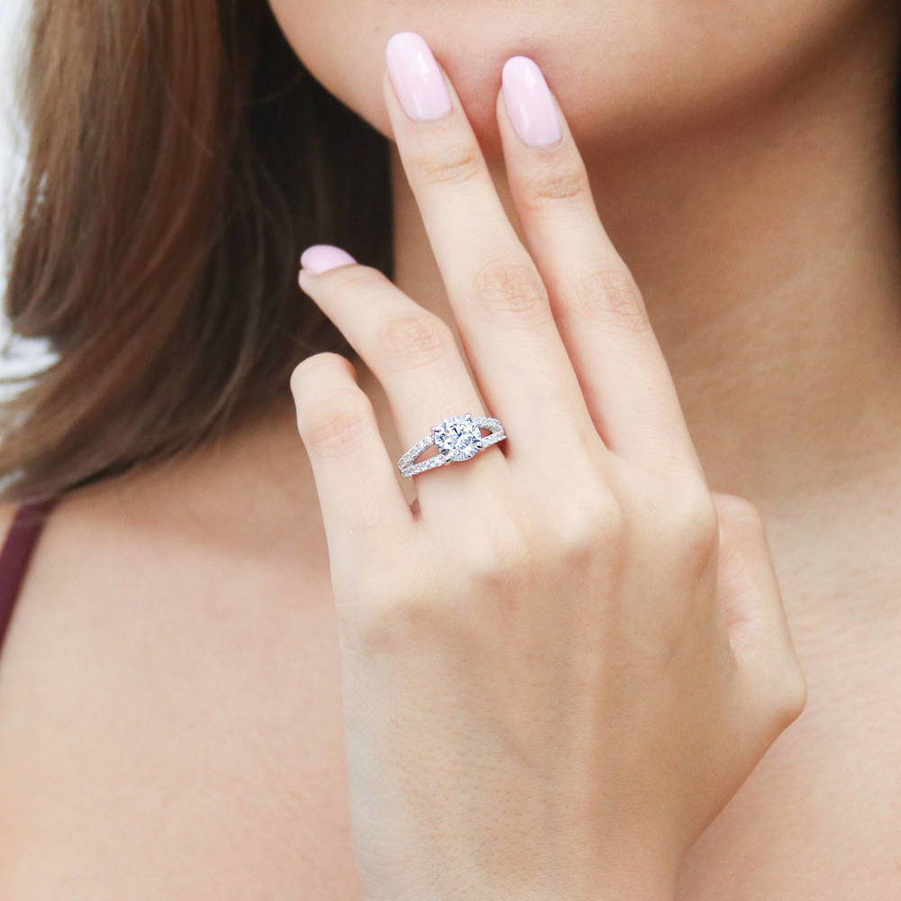 Model wearing Solitaire 2ct Round CZ Split Shank Ring in Sterling Silver, 2 of 8
