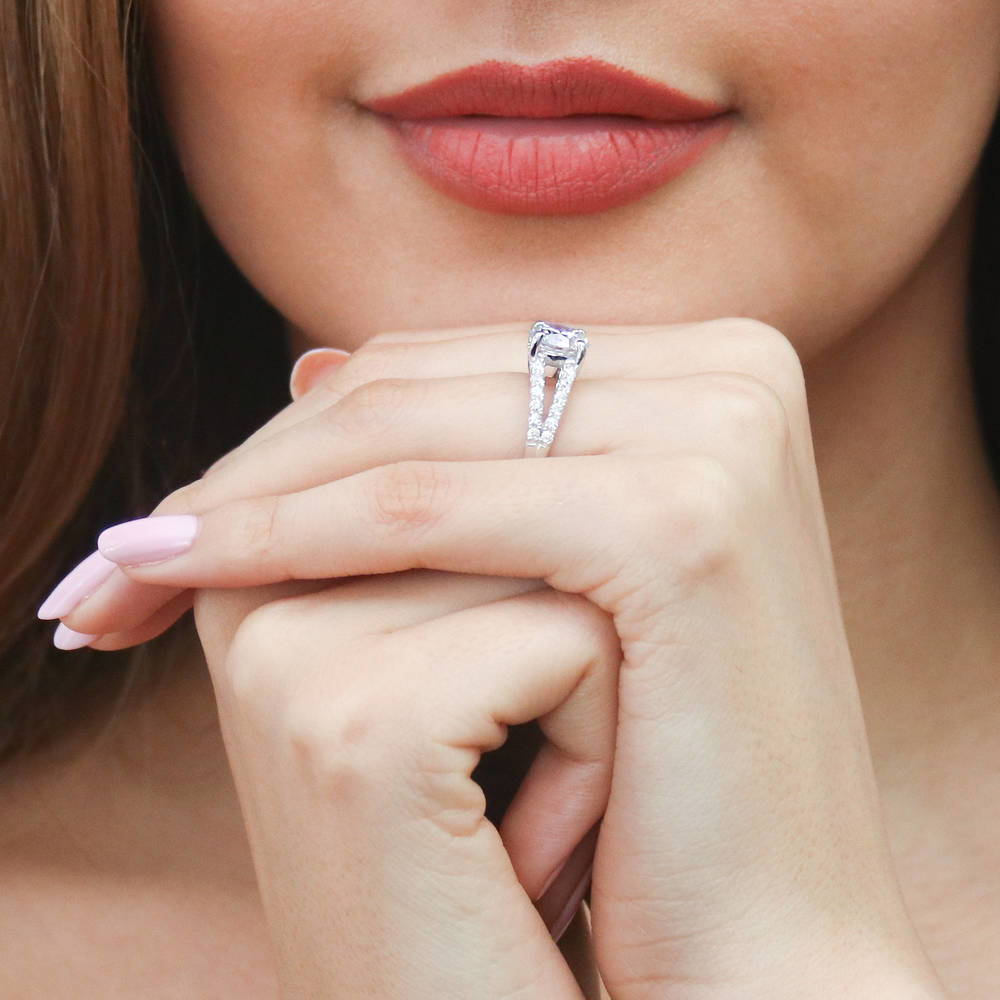 Model wearing Solitaire 2ct Round CZ Split Shank Ring in Sterling Silver, 6 of 8