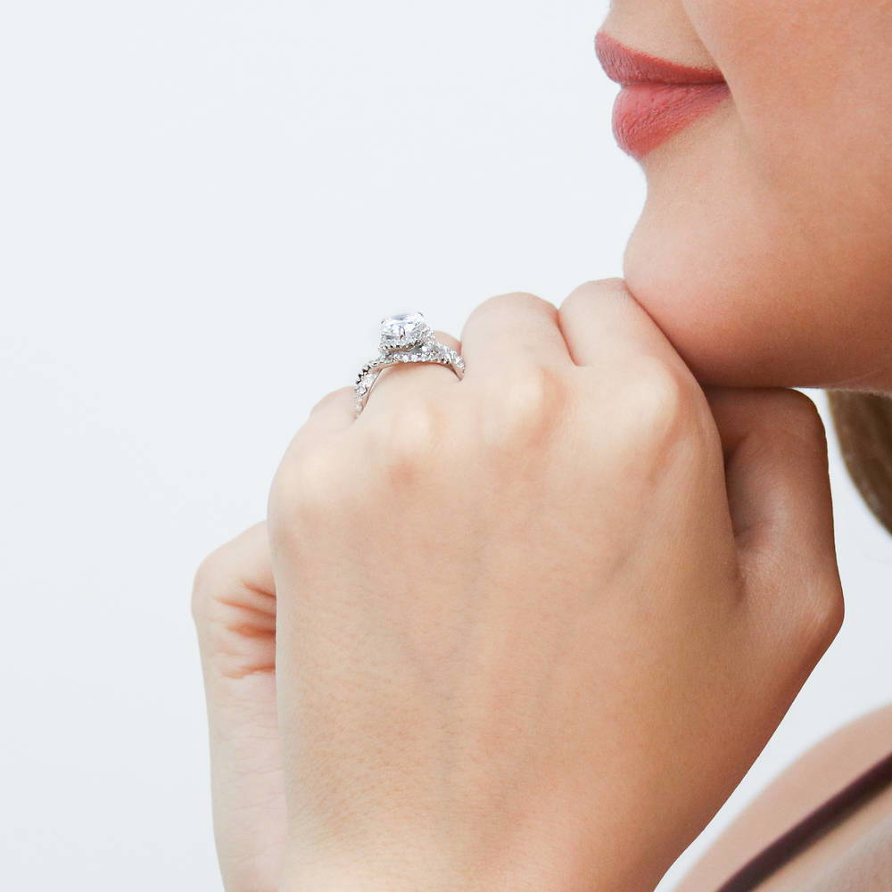Model wearing Woven Halo CZ Ring in Sterling Silver, 3 of 8
