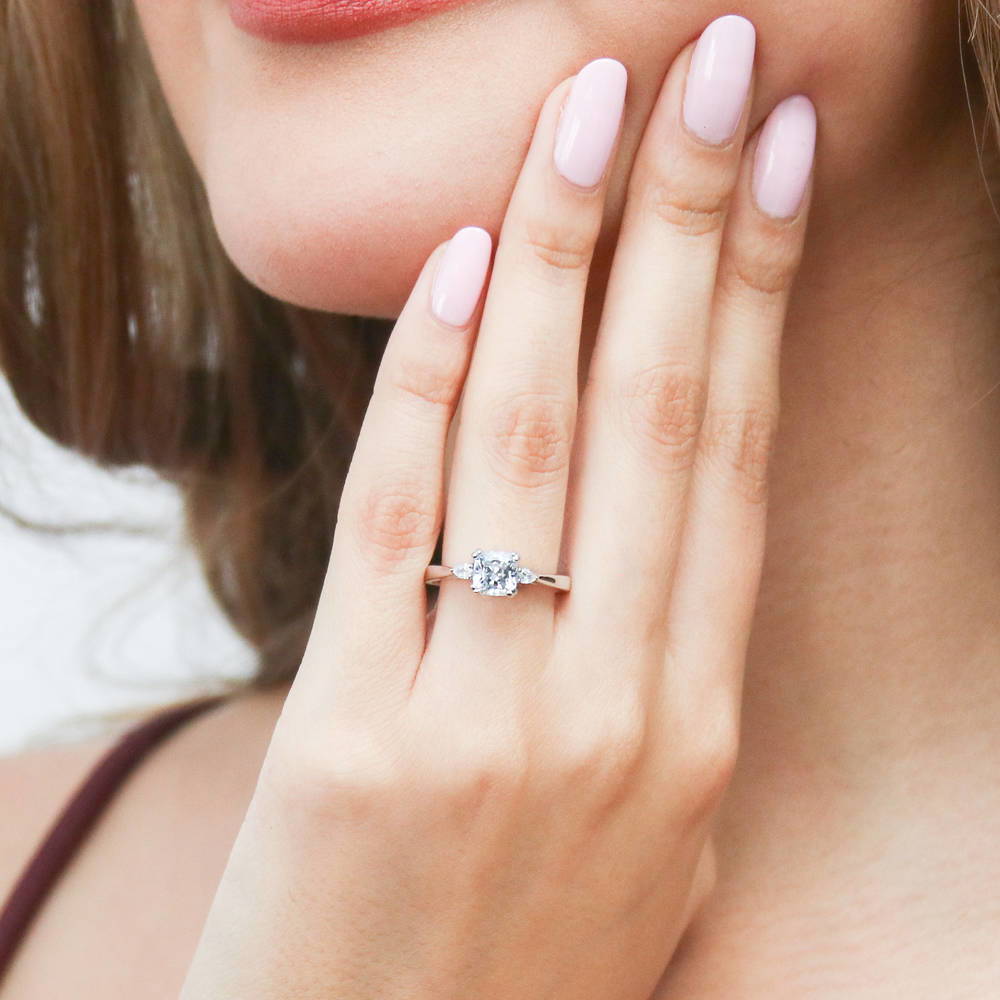 Model wearing 3-Stone 1.25ct Cushion CZ Ring in Sterling Silver, 2 of 11