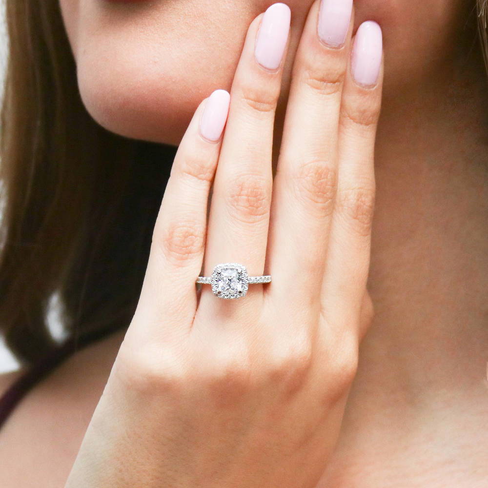 Model wearing Halo Cushion CZ Ring Set in Sterling Silver, 6 of 14