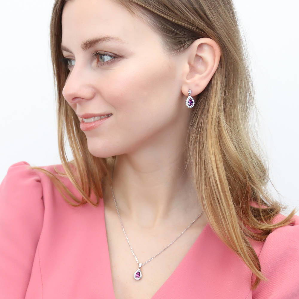 Model wearing Halo Pear CZ Necklace in Sterling Silver, Red