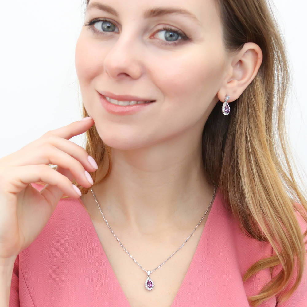 Model wearing Halo Pear CZ Necklace in Sterling Silver, Red