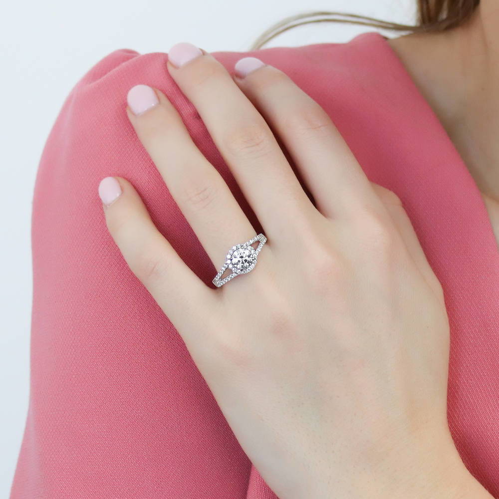 Model wearing Halo Wishbone CZ Split Shank Ring Set in Sterling Silver, 10 of 19